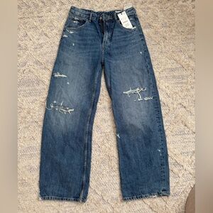 NWT Zara Blue curved leg high rise Distressed Wide Leg Jeans